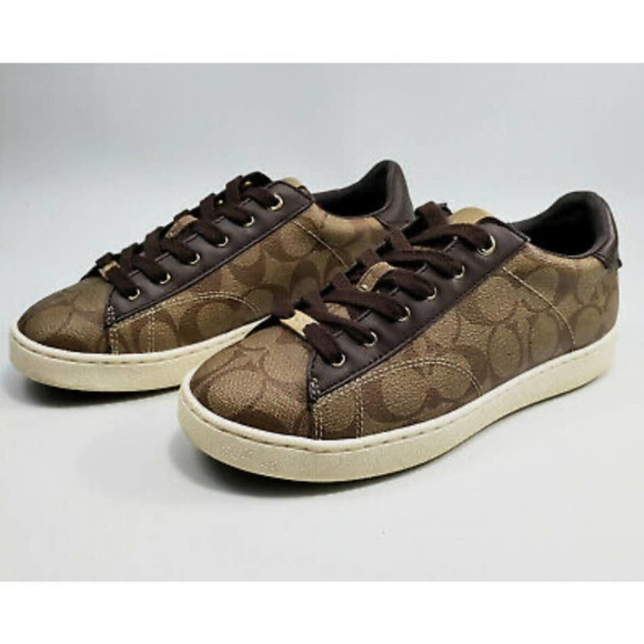 COACH Low Top Signature Sneaker Shoes Women's KHAKI Mahogany Size 8 - Picture 1 of 12
